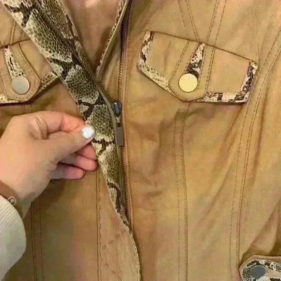 Etcetera tan leather snakeskin jacket sz 2 preppy moto 90s fall winter *flaw - Picture 4 of 13
